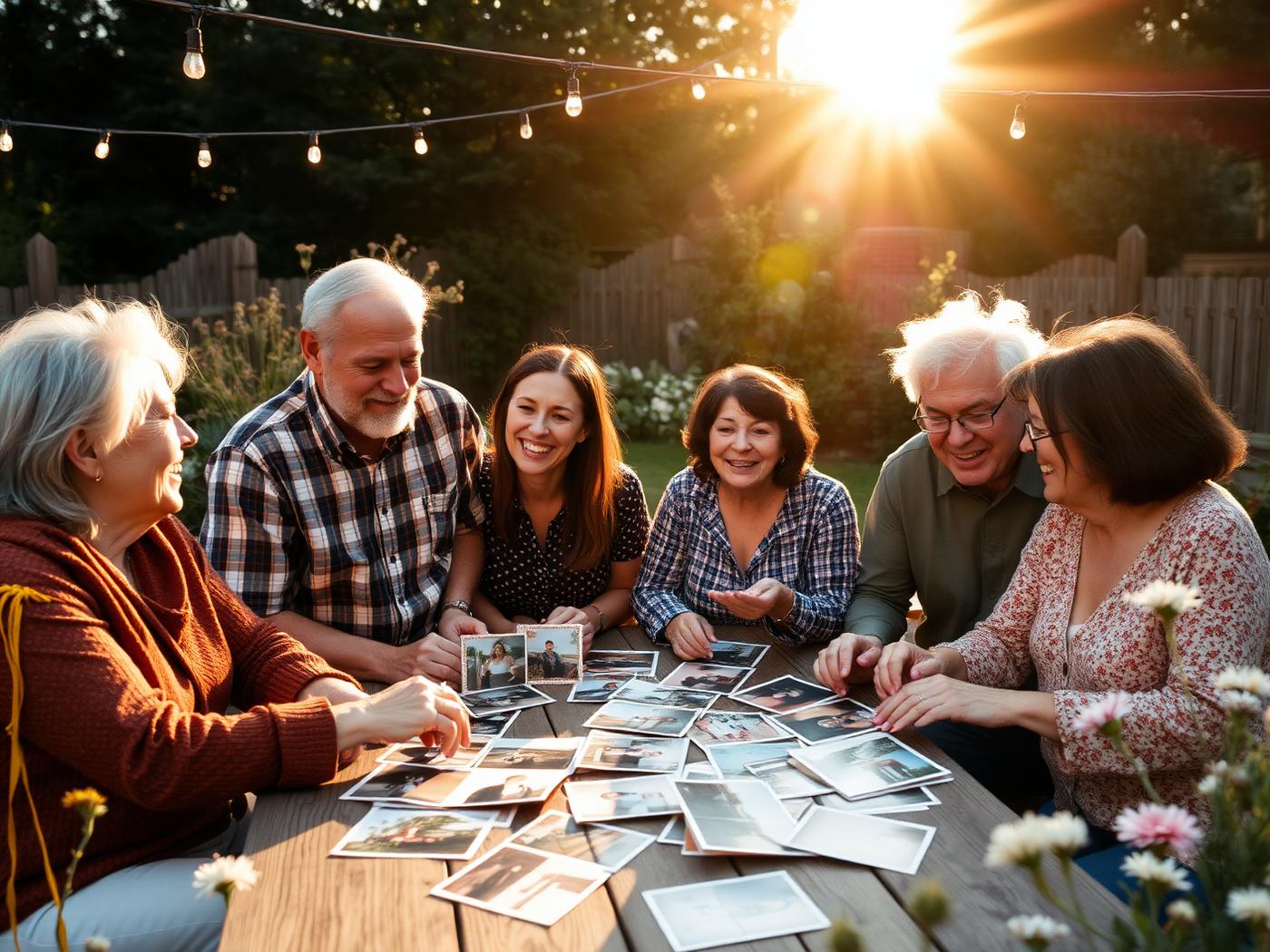 Friends and family gathered outdoors sharing photographs and stories in warm sunlight